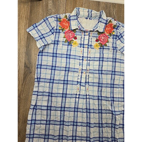 Johnny Was Women's Large Poplin Shirt Dress Tunic Plaid Embroidered Floral - Picture 4 of 15